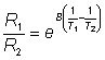 (R1/R2)=exp(B(1/T1 - 1/T2))