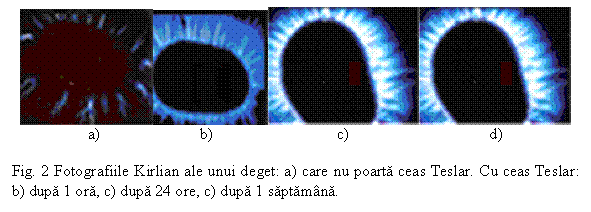 Text Box: 
a) b) c) d)

Fig. 2 Fotografiile Kirlian ale unui deget: a) care nu poarta ceas Teslar. Cu ceas Teslar: b) dupa 1 ora, c) dupa 24 ore, c) dupa 1 saptamna.
