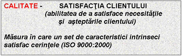 Text Box: CALITATE - SATISFACTIA CLIENTULUI
 (abilitatea de a satisface necesitatile 
 si asteptarile clientului)

Masura in care un set de caracteristici intrinseci satisfac cerintele (ISO 9000:2000)


