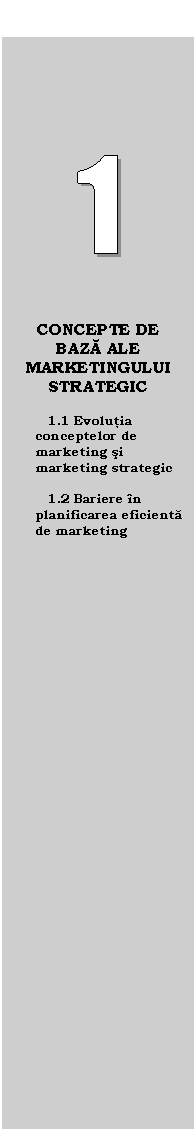 Text Box:  




CONCEPTE DE BAZĂ ALE MARKETINGULUI STRATEGIC

1.1 Evolutia conceptelor de marketing si marketing strategic

1.2 Bariere n planificarea eficienta de marketing
