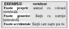 Text Box:  EXEMPLU:           vertebrat:    
note proprii: animal cu coloana vertebrala
note generice: fiinta cu nutritie heterotrofa
note accidentale: fiinta care naste pui vii

