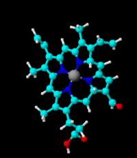 Structura tridimensionala a hemului.Ionul de Fe++ este reprezentat de sfera gri centrala; N albastru O rosu, C bleu H alb