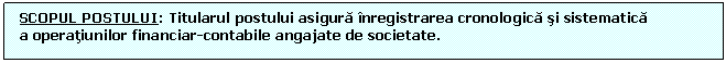 Text Box: SCOPUL POSTULUI: Titularul postului asigura nregistrarea cronologica si sistematica
 a operatiunilor financiar-contabile angajate de societate.




