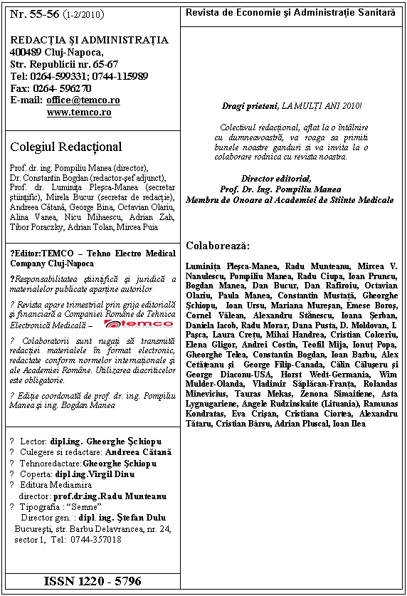 Text Box: Nr. 55-56 (1-2/2010)

REDACŢIA sI ADMINISTRAŢIA
400489 Cluj-Napoca,
Str. Republicii nr. 65-67
Tel: 0264-599331; 0744-115989
Fax: 0264- 596270
E-mail: office@temco.ro
 www.temco.ro
 Revista de Economie si Administratie Sanitara

 ___________________




__________ ______ ____ __________ ______ ____ _____ _______ ______ _______________




__________ ______ ____ __________ ______ ____ _____ _______ ______ ______________






Dragi prieteni, LA MULŢI ANI 2010!

Colectivul redactional, aflat la o ntlnire cu dumneavoastra, va roaga sa primiti bunele noastre ganduri si va invita la o colaborare rodnica cu revista noastra.

 Director editorial,
Prof. Dr. Ing. Pompiliu Manea
Membru de Onoare al Academiei de Stiinte Medicale



Colaboreaza:

Luminita Plesca-Manea, Radu Munteanu, Mircea V. Nanulescu, Pompiliu Manea, Radu Ciupa, Ioan Pruncu, Bogdan Manea, Dan Bucur, Dan Rafiroiu, Octavian Olariu, Paula Manea, Constantin Mustata, Gheorghe schiopu, Ioan Ursu, Mariana Muresan, Emese Boros, Cornel Valean, Alexandru Stanescu, Ioana serban, Daniela Iacob, Radu Morar, Dana Pusta, D. Moldovan, I. Pasca, Laura Cretu, Mihai Handrea, Cristian Colceriu, Elena Gligor, Andrei Costin, Teofil Mija, Ionut Popa, Gheorghe Telea, Constantin Bogdan, Ioan Barbu, Alex Cetateanu si George Filip-Canada, Calin Caluseru si George Diaconu-USA, Horst Wedt-Germania, Wim Mulder-Olanda, Vladimir Saplacan-Franta, Rolandas Minevicius, Tauras Mekas, Zenona Simaitiene, Asta Lygnugariene, Angele Rudzinskaite (Lituania), Ramunas Kondratas, Eva Crisan, Cristiana Ciortea, Alexandru Tataru, Cristian Brsu, Adrian Pluscal, Ioan Ilea


Colegiul Redactional

Prof. dr. ing. Pompiliu Manea (director),
Dr. Constantin Bogdan (redactor-sef adjunct),
Prof. dr. Luminita Plesca-Manea (secretar stiintific), Mirela Bucur (secretar de redactie), Andreea Catana, George Bina, Octavian Olariu, Alina Vanea, Nicu Mihaescu, Adrian Zah, Tibor Poraczky, Adrian Tolan, Mircea Puia
 
●Editor:TEMCO  Tehno Electro Medical Company Cluj-Napoca
●Responsabilitatea stiintifica si juridica a materialelor publicate apartine autorilor
● Revista apare trimestrial prin grija editoriala si financiara a Companiei Romne de Tehnica Electronica Medicala  
● Colaboratorii sunt rugati sa transmita redactiei materialele n format electronic, redactate conform normelor internationale si ale Academiei Romne. Utilizarea diacriticelor este obligatorie.
● Editie coordonata de prof. dr. ing. Pompiliu Manea si ing. Bogdan Manea
 

■ Lector: dipl.ing. Gheorghe schiopu
■ Culegere si redactare: Andreea Catana
■ Tehnoredactare:Gheorghe schiopu
■ Coperta: dipl.ing.Virgil Dinu
■ Editura Mediamira 
 director: prof.dr.ing.Radu Munteanu
■ Tipografia : Semne 
 Director gen. : dipl. ing. stefan Dulu
 Bucuresti, str. Barbu Delavrancea, nr. 24, 
 sector 1, Tel: 0744-357018


 
ISSN 1220 - 5796 

