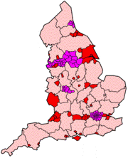 Harta diviziunilor Anglei comitatele de tip shire indicate n roz, burg-urile metropolitane si londoneze indicate n purpuriu si autoritatile unitare indicate n rosu.