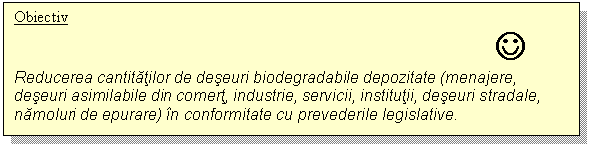 Text Box: Obiectiv
 J
Reducerea cantitatilor de deseuri biodegradabile depozitate (menajere, deseuri asimilabile din comert, industrie, servicii, institutii, deseuri stradale, namoluri de epurare) in conformitate cu prevederile legislative.



