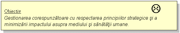 Text Box: Obiectiv L
Gestionarea corespunzatoare cu respectarea principiilor strategice si a minimizarii impactului asupra mediului si sanatatii umane.
