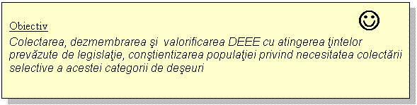Text Box: Obiectiv J 
Colectarea, dezmembrarea si valorificarea DEEE cu atingerea tintelor prevazute de legislatie, constientizarea populatiei privind necesitatea colectarii selective a acestei categorii de deseuri



