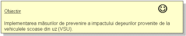 Text Box: Obiectiv J

Implementarea masurilor de prevenire a impactului deseurilor provenite de la vehiculele scoase din uz (VSU).
