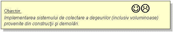 Text Box: Obiectiv JL 
Implementarea sistemului de colectare a deseurilor (inclusiv voluminoase) provenite din constructii si demolari.
