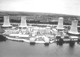 Viewed from the west, Three Mile Island currently uses only one nuclear generating station, TMI-1, which is on the right. TMI-2, to the left, has not been used since the accident.