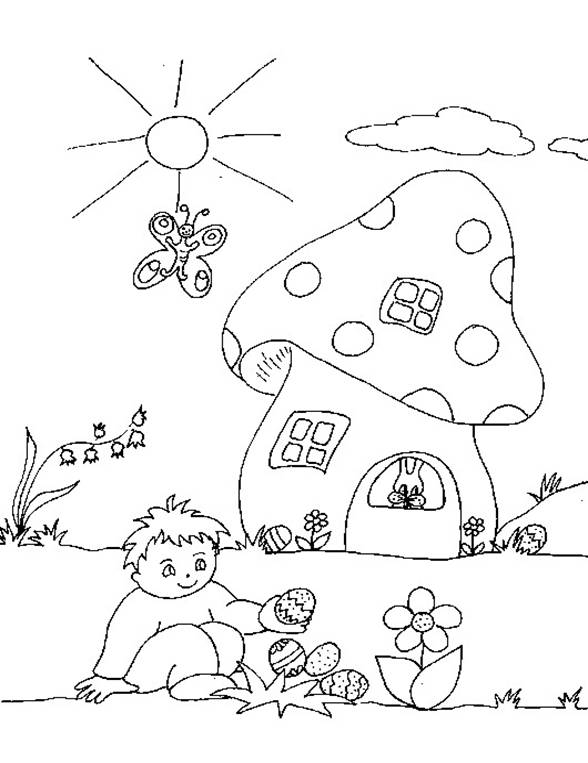 Coloriages enfant devant la maison champignon
