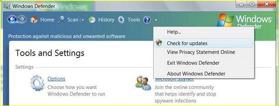 Meniurile aplicatiei Windows Defender