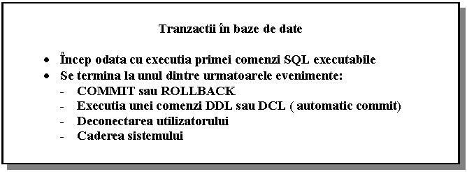 Text Box: Tranzactii n baze de date

. ncep odata cu executia primei comenzi SQL executabile
. Se termina la unul dintre urmatoarele evenimente:
- COMMIT sau ROLLBACK
- Executia unei comenzi DDL sau DCL ( automatic commit)
- Deconectarea utilizatorului
- Caderea sistemului

