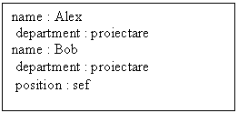 Text Box: name : Alex
 department : proiectare
name : Bob
 department : proiectare
 position : sef
