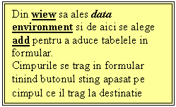 Text Box: Din wiew sa ales data environment si de aici se alege add pentru a aduce tabelele in formular.
Cimpurile se trag in formular tinind butonul sting apasat pe cimpul ce il trag la destinatie
