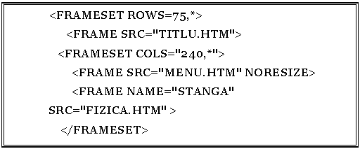 Text Box: <FRAMESET ROWS=75,*>
 <FRAME SRC='TITLU.HTM'>
 <FRAMESET COLS='240,*'>
 <FRAME SRC='MENU.HTM' NORESIZE>
 <FRAME NAME='STANGA' SRC='FIZICA.HTM' >
 </FRAMESET>
</FRAMESET>

