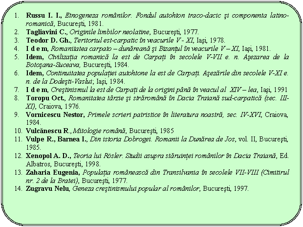 Rounded Rectangle: 11. Russu I. I., Etnogeneza romnilor. Fondul autohton traco-dacic si componenta latino-romanica, Bucuresti, 1981.
12. Tagliavini C., Originile limbilor neolatine, Bucuresti, 1977.
13. Teodor D. Gh., Teritoriul est-carpatic n veacurile V - XI, Iasi, 1978.
14. I d e m, Romanitatea carpato - dunareana si Bizantul n veacurile V - XI, Iasi, 1981.
15. Idem, Civilizatia romanica la est de Carpati n secolele V-VII e. n. Asezarea de la Botosana-Suceava, Bucuresti, 1984.
16. Idem, Continuitatea populatiei autohtone la est de Carpati. Asezarile din secolele V-XI e. n. de la Dodesti-Vaslui; Iasi, 1984.
17. I d e m, Crestinismul la est de Carpati de la origini pna n veacul al XIV - lea, Iasi, 1991
18. Toropu Oct., Romanitatea trzie si straromna n Dacia Traiana sud-carpatica (sec. III-XI), Craiova, 1976.
19. Vornicescu Nestor, Primele scrieri patristice n literatura noastra, sec. IV-XVI, Craiova, 1984. 
20. Vulcanescu R., Mitologie romna, Bucuresti, 1985
21. Vulpe R., Barnea I., Din istoria Dobrogei. Romanii la Dunarea de Jos, vol. II, Bucuresti, 1985.
22. Xenopol A. D., Teoria lui Rsler. Studii asupra staruintei romnilor n Dacia Traiana, Ed. Albatros, Bucuresti, 1998.
23. Zaharia Eugenia, Populatia romneasca din Transilvania n secolele VII-VIII (Cimitirul nr. 2 de la Bratei), Bucuresti, 1977.
24. Zugravu Nelu, Geneza crestinismului popular al romnilor, Bucuresti, 1997.


