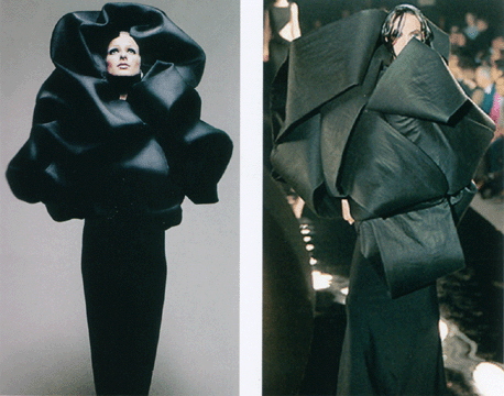 Le Chou Noir evening cape by Balenciaga, left, and cape ensemble by Olivier Theyskens, right