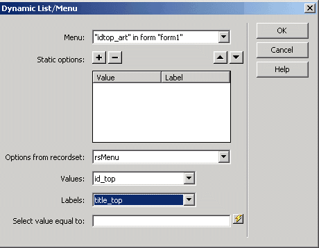 The Dynamic List/Menu dialog box