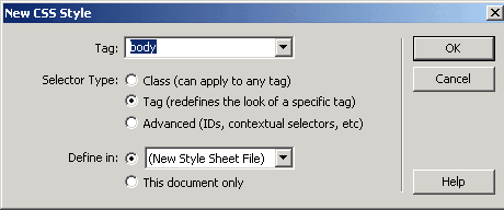 Use the New CSS Style dialog box to redefine the body tag