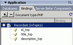 The rsTopics recordset within the Bindings tab of the Application panel group