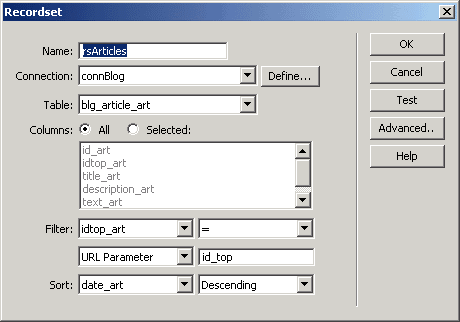 The Recordset dialog showing the rsArticles recordset and a filter condition