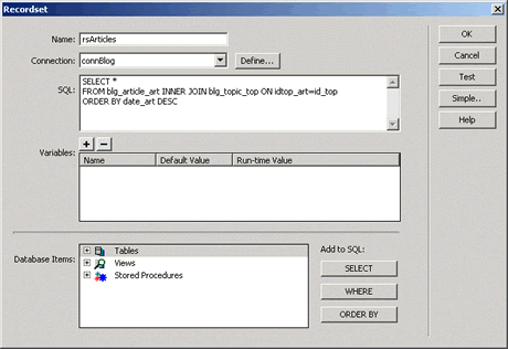 The advanced Recordset dialog box showing the rsArticles recordset