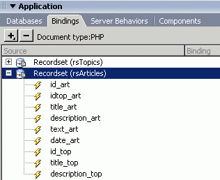 The Bindings tab showing the rsArticles recordset