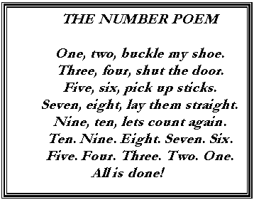 Text Box: THE NUMBER POEM

One, two, buckle my shoe.
Three, four, shut the door.
Five, six, pick up sticks.
Seven, eight, lay them straight.
Nine, ten, lets count again.
Ten. Nine. Eight. Seven. Six. Five. Four. Three. Two. One.
All is done!

