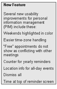 Text Box: New Feature
Several new usability improvements for personal information management (PIM) include these:
Weekends highlighted in color
Easier time-zone handling
