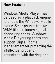 Text Box: New Feature
Windows Media Player may be used as a playback engine to enable the Windows Mobile based Smartphones to play WMA files as incoming call phone ring tones. Windows Media Player ring tones can support Digital Rights Management for protecting the intellectual property associated with the ring tone. 
