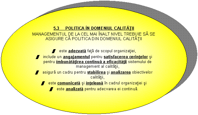 Oval: 5.3 POLITICA IN DOMENIUL CALITATII
MANAGEMENTUL DE LA CEL MAI INALT NIVEL TREBUIE SA SE ASIGURE CA POLITICA DIN DOMENIUL CALITATII

/ este adecvata fata de scopul organizatiei,
/ include un angajamentul pentru satisfacerea cerintelor si pentru imbunatatirea continua a eficacitatii sistemului de management al calitatii,
/ asigura un cadru pentru stabilirea si analizarea obiectivelor calitatii,
/ este comunicata si inteleasa in cadrul organizatiei si
/ este analizata pentru adecvarea ei continua.

