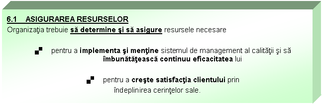 Text Box: 6.1 ASIGURAREA RESURSELOR
Organizatia trebuie sa determine si sa asigure resursele necesare

. pentru a implementa si mentine sistemul de management al calitatii si sa imbunatateasca continuu eficacitatea lui 

. pentru a creste satisfactia clientului prin 
indeplinirea cerintelor sale.

