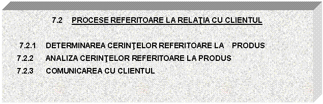 Text Box: 7.2 PROCESE REFERITOARE LA RELATIA CU CLIENTUL

7.2.1 DETERMINAREA CERINTELOR REFERITOARE LA PRODUS
 7.2.2 ANALIZA CERINTELOR REFERITOARE LA PRODUS
 7.2.3 COMUNICAREA CU CLIENTUL

