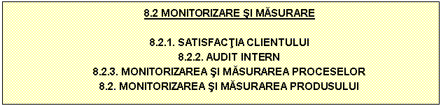 Text Box: 8.2 MONITORIZARE SI MASURARE

8.2.1. SATISFACTIA CLIENTULUI
8.2.2. AUDIT INTERN
8.2.3. MONITORIZAREA SI MASURAREA PROCESELOR
8.2. MONITORIZAREA SI MASURAREA PRODUSULUI

