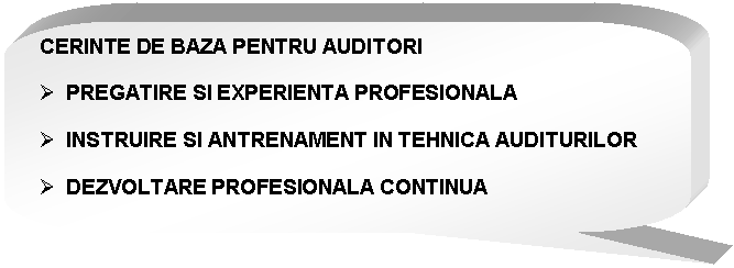 Rounded Rectangular Callout: CERINTE DE BAZA PENTRU AUDITORI

 PREGATIRE SI EXPERIENTA PROFESIONALA

 INSTRUIRE SI ANTRENAMENT IN TEHNICA AUDITURILOR 

 DEZVOLTARE PROFESIONALA CONTINUA



