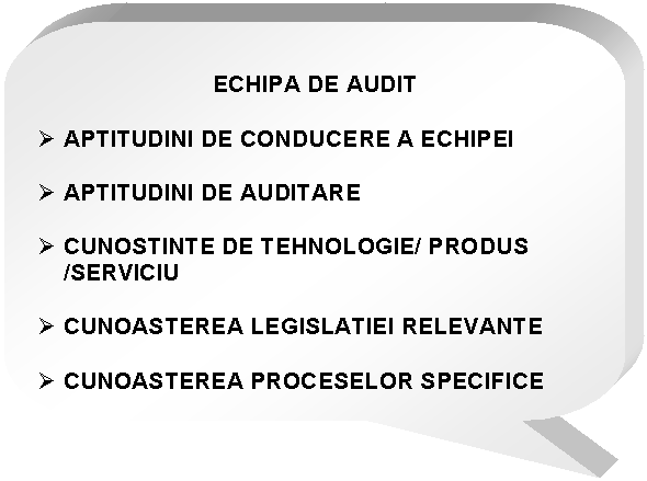 Rounded Rectangular Callout: ECHIPA DE AUDIT

 APTITUDINI DE CONDUCERE A ECHIPEI

 APTITUDINI DE AUDITARE

 CUNOSTINTE DE TEHNOLOGIE/ PRODUS /SERVICIU

 CUNOASTEREA LEGISLATIEI RELEVANTE

 CUNOASTEREA PROCESELOR SPECIFICE
