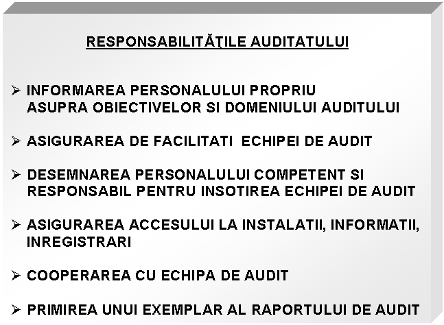 Text Box: RESPONSABILITATILE AUDITATULUI



 INFORMAREA PERSONALULUI PROPRIU
ASUPRA OBIECTIVELOR SI DOMENIULUI AUDITULUI

 ASIGURAREA DE FACILITATI ECHIPEI DE AUDIT

 DESEMNAREA PERSONALULUI COMPETENT SI RESPONSABIL PENTRU INSOTIREA ECHIPEI DE AUDIT

 ASIGURAREA ACCESULUI LA INSTALATII, INFORMATII, INREGISTRARI

 COOPERAREA CU ECHIPA DE AUDIT

 PRIMIREA UNUI EXEMPLAR AL RAPORTULUI DE AUDIT
