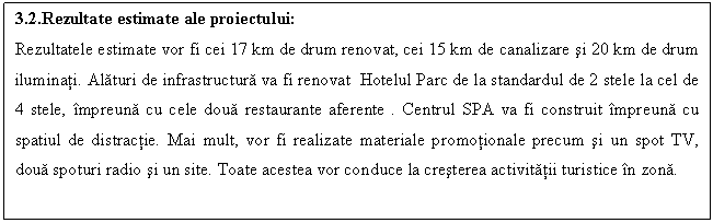 Text Box: 3.2.Rezultate estimate ale proiectului:
Rezultatele estimate vor fi cei 17 km de drum renovat, cei 15 km de canalizare si 20 km de drum iluminati. Alaturi de infrastructura va fi renovat Hotelul Parc de la standardul de 2 stele la cel de 4 stele, mpreuna cu cele doua restaurante aferente . Centrul SPA va fi construit mpreuna cu spatiul de distractie. Mai mult, vor fi realizate materiale promotionale precum si un spot TV, doua spoturi radio si un site. Toate acestea vor conduce la cresterea activitatii turistice n zona.

