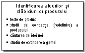 Text Box: Identificarea atuurilor  si  slabiciunilor produsului
	teste de produs
	studii de conceptie (redefinire) a produsului
	cautarea de idei noi
	studiu de extindere a gamei
