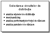 Text Box: Selectarea circuitelor de distributie
	analiza retelelor de distributie
	merchandising
	analiza performantelor fortei de vanzare
	analiza punctelor de vanzare
