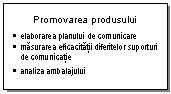 Text Box: Promovarea produsului
	elaborarea planului de comunicare
	masurarea eficacitatii diferitelor suporturi de comunicatie
	analiza ambalajului
