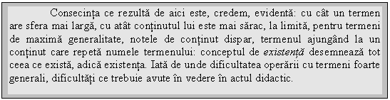 Text Box: Consecinta ce rezulta de aici este, credem, evidenta: cu ct un termen are sfera mai larga, cu att continutul lui este mai sarac, la limita, pentru termeni de maxima generalitate, notele de continut dispar, termenul ajungnd la un continut care repeta numele termenului: conceptul de existenta desemneaza tot ceea ce exista, adica existenta. Iata de unde dificultatea operarii cu termeni foarte generali, dificultati ce trebuie avute n vedere n actul didactic.

