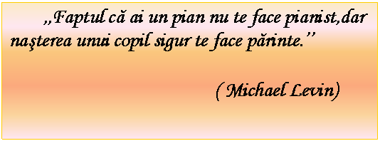 Text Box: ,,Faptul ca ai un pian nu te face pianist,dar nasterea unui copil sigur te face parinte.'' 
 ( Michael Levin) 
