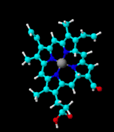 Structura tridimensionala a hemului B.Ionul de Fe++ este reprezentat de sfera gri centrala; N albastru O rosu, C bleu H alb