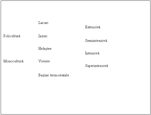 Text Box: Lacuri 
Extensiva

Policultura Iazuri 
Semiintensiva

Helestee 
Intensiva

Monocultura Viviere 
 Superintensiva
 
Bazine termostatale
