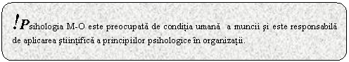 Rounded Rectangle: !Psihologia M-O este preocupata de conditia umana a muncii si este responsabila de aplicarea stiintifica a principiilor psihologice n organizatii.

