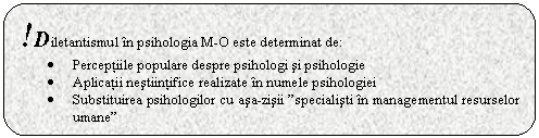 Rounded Rectangle: !Diletantismul n psihologia M-O este determinat de:
. Perceptiile populare despre psihologi si psihologie
. Aplicatii nestiintifice realizate n numele psihologiei
. Substituirea psihologilor cu asa-zisii 