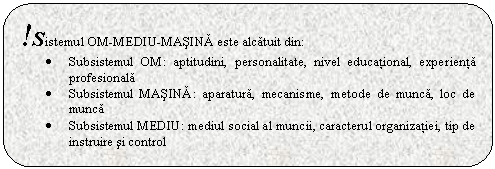Rounded Rectangle: !Sistemul OM-MEDIU-MAsINĂ este alcatuit din:
. Subsistemul OM: aptitudini, personalitate, nivel educational, experienta profesionala
. Subsistemul MAsINĂ: aparatura, mecanisme, metode de munca, loc de munca
. Subsistemul MEDIU: mediul social al muncii, caracterul organizatiei, tip de instruire si control
